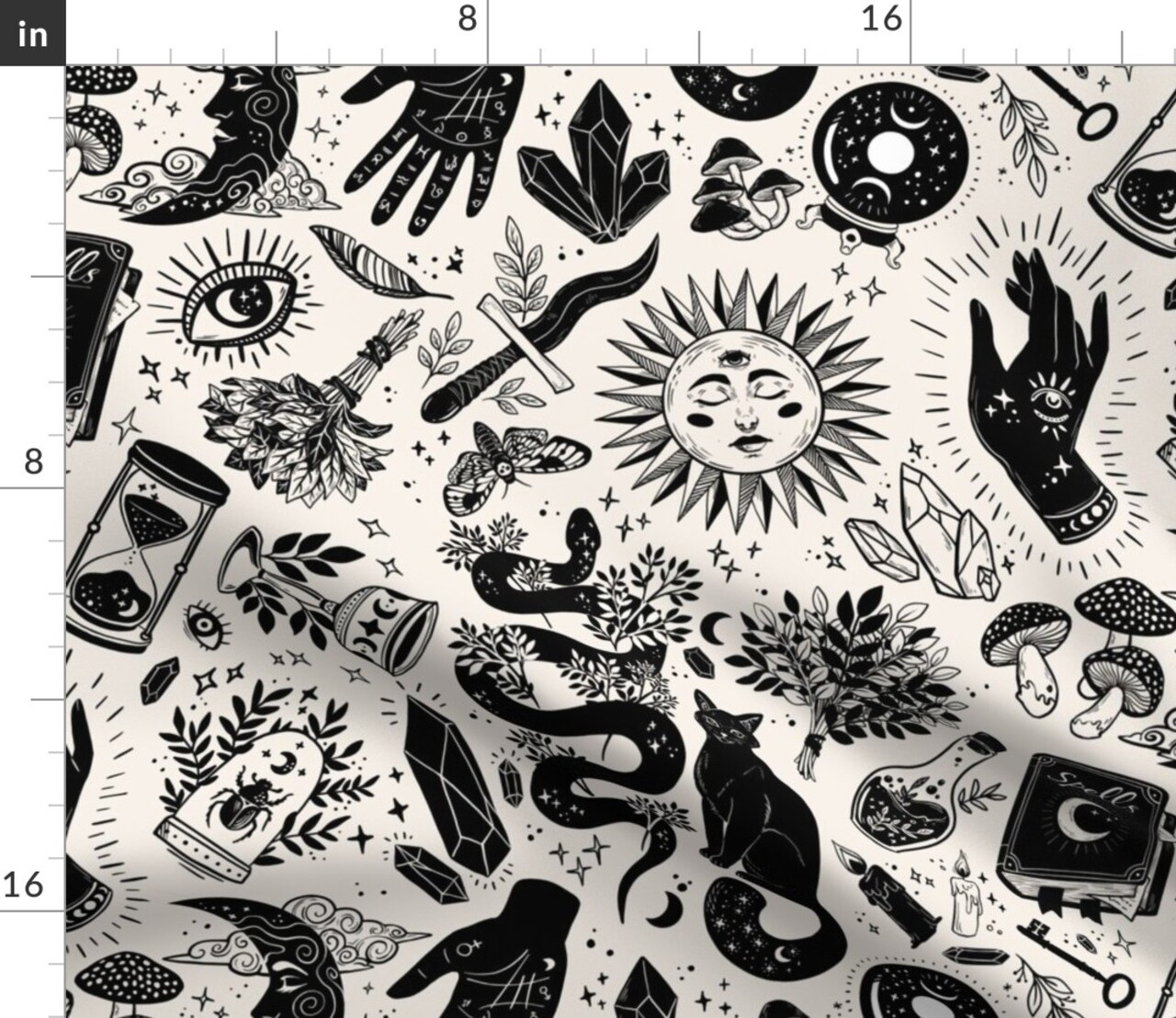 Witch Magic Goth Witchcraft Crystals Black Cat Palm Moon Eye Celestial Halloween Dark Academia Gothcore White Custom Printed Fabric by Spoonflower Various Fabrics by the Yard or Fat Quarter